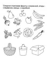 Задания по логике, соедени фрукты с корзиной, ягоды с ведерком, овощи с коробкой 