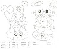 Раскраски с примерами на умножение, лягушка и кукла 