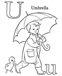 Раскраски английские буквы, буква u, мальчик с зонтом 