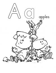 Раскраски английские буквы, буква а и дети едят яблоки 