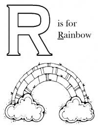 Раскраски английские буквы, буква r и радуга в облаках 