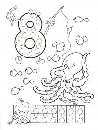 Цифра 8, с раскраской осьминог и рыбки, девочка с бантиками 