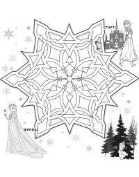 Раскраски лабиринты в снежинке с героями мультфильма холодное сердце эльзой и анной 