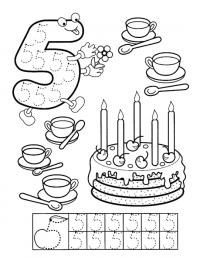 Прописи цифра 5, раскраска торт со свечками и чашки 