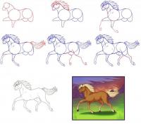 Нарисовать поэтапно животных, лошадь в беге 