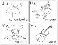 Раскраски алфавит, буквы u, v, зонт, гитара 