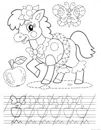 Прописи для дошкольников, раскраска пони на лужайке, бабочка, яблочко 