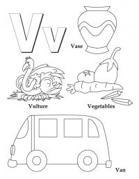 Буква v, ваза, овощи 