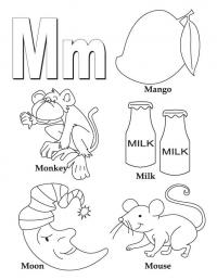 Буква м, манго, обезьянка, молоко 