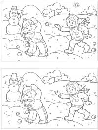 Найди отличия, дети играют в снежки 